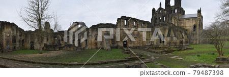 Beautiful panoramic landscape of the Kirkstall Abbey ruins, Leeds, England; taken in a rainy day of 2 April 2018 79487398