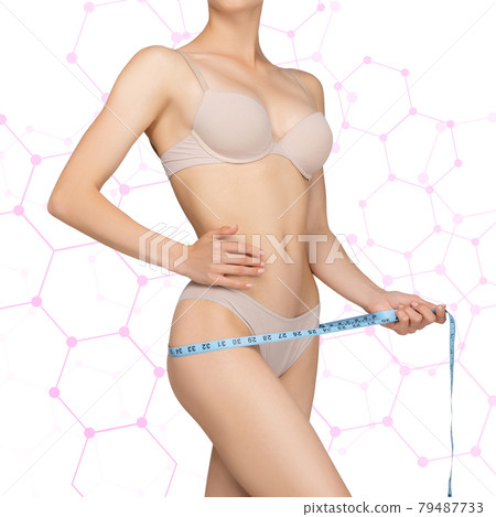 The girl taking measurements of her body, white background. The girl taking measurements of her body, white background. 79487733