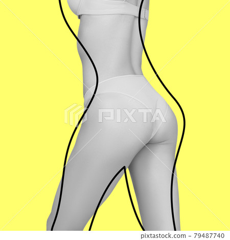 Slim female body with lifting up lines isolated on yellow background. Concept of bodycare, cosmetics, skincare, correction surgery, beauty 79487740