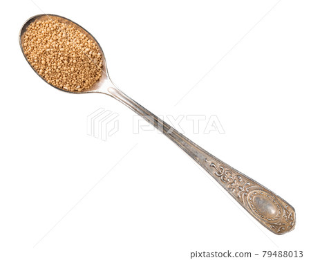 granulated active dry yeast in silver spoon cutout 79488013