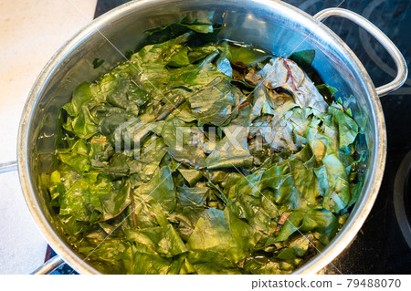 beet greens are cooking in saucepan on stove beet greens are cooking in saucepan on stove 79488070