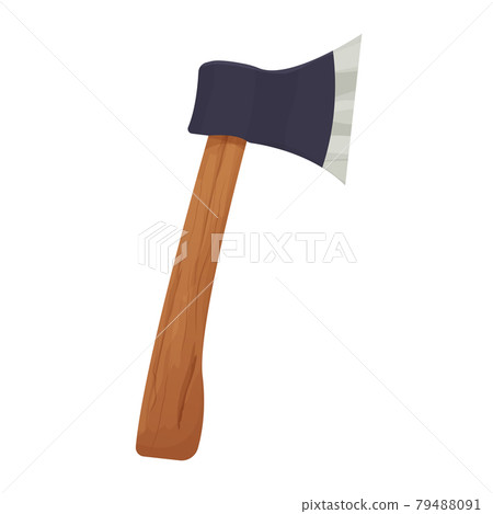 Camping axe, wooden and iron in cartoon style isolated on white background. Handle tool, equipment. Ax lumber, weapon. 79488091