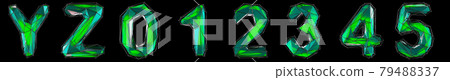 Realistic 3D set of letters Y, Z, 0, 1, 2, 3, 4, 5 made of low poly style. Collection symbols of low poly style green color glass isolated on black background 3d 79488337