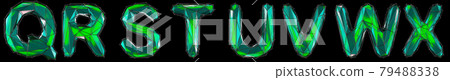 Realistic 3D set of letters Q, R, S, T, U, V, W, X made of low poly style. Collection symbols of low poly style green color glass isolated on black background 3d 79488338