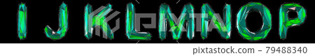 Realistic 3D set of letters I, J, K, L, M, N, O, P made of low poly style. Collection symbols of low poly style green color glass isolated on black background 3d 79488340