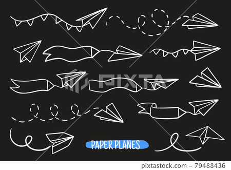 Vector set of linear paper airplanes. Hand-drawn, doodle elements isolated on white background. Vector set of linear paper airplanes. Hand-drawn, doodle elements isolated on white background. 79488436