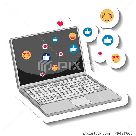 A sticker template of a laptop with social emoji icon 79488663