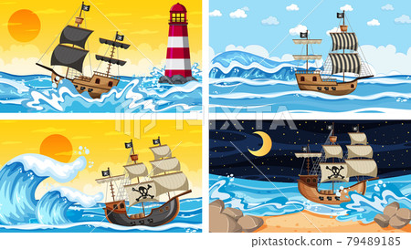 Set of ocean scenes at different times with Pirate ship in cartoon style 79489185