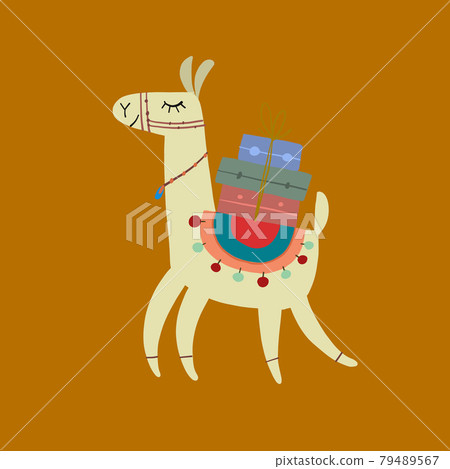 Cute alpaca character. Funny llama with luggage. Cartoon for your design 79489567