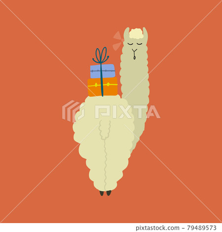 Cute alpaca character. Funny llama with luggage. Cartoon for your design 79489573