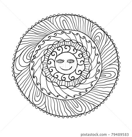 Sun symbol as a face inside ornate mandala. Round pattern. Vintage decorative background. Hand made art 79489583