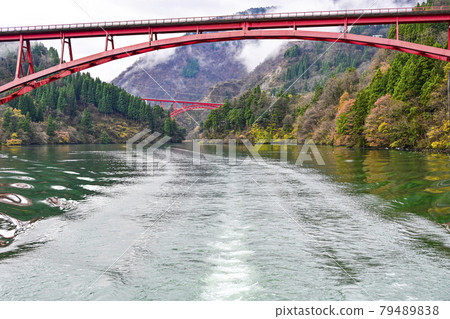 從秋季的莊川峽遊輪上看到的長崎大橋和戶賀大橋 從秋季的莊川峽遊輪上看到的長崎大橋和戶賀大橋 79489838