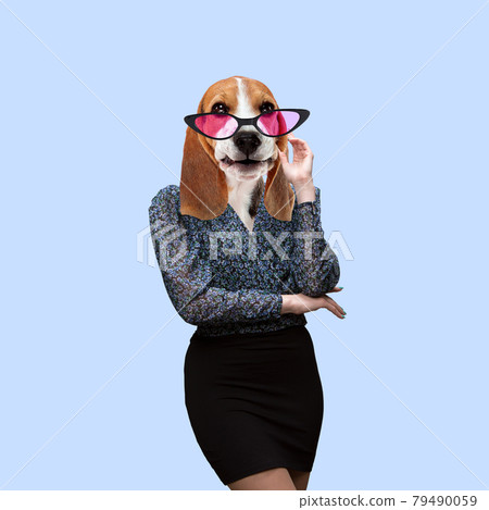 Contemporary artwork, conceptual collage. Woman headed by dog head. Trendy colors. 79490059