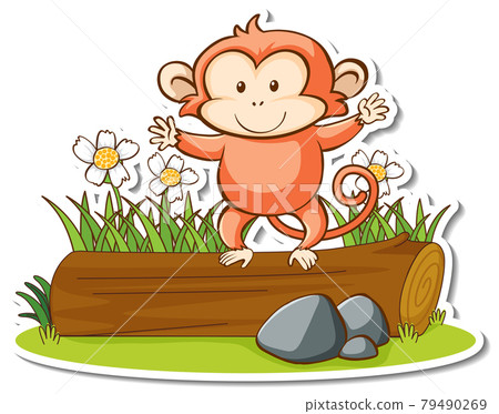 Cute monkey standing on a log sticker Cute monkey standing on a log sticker 79490269