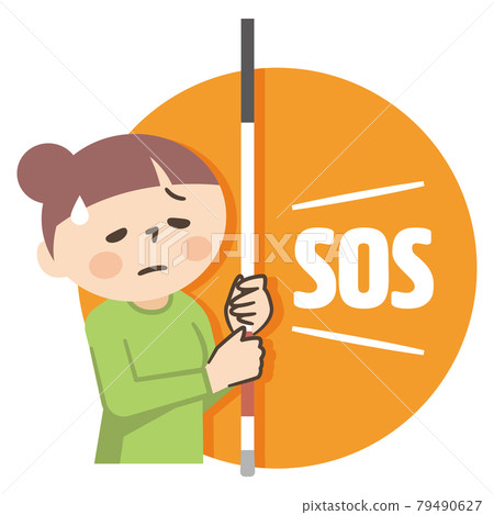 A woman holding a white cane and showing SOS 79490627