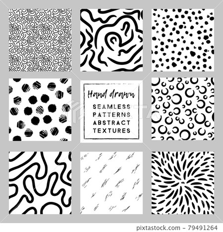 monochrome white and black minimalistic trendy hand drawn seamless patterns set 79491264
