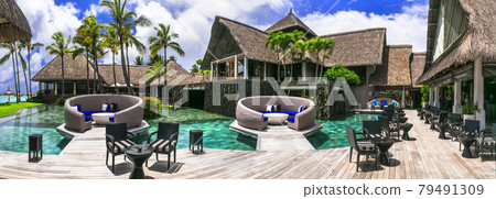 luxury 5 star hotel territory with swimming pool and bar zone - Constance Belle Mare Plage. Mauritius island. Pointe de flacq , Belle Mare. February 202 79491309