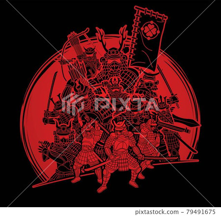 Group of Samurai Warrior with Weapons Action Cartoon Graphic Vector 79491675
