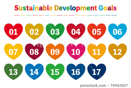SDGs，17 種顏色的發展目標標籤，心形 79492607