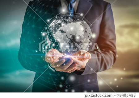 Businessman hands holding earth and global networking connection. Global communication network concept. 79493483