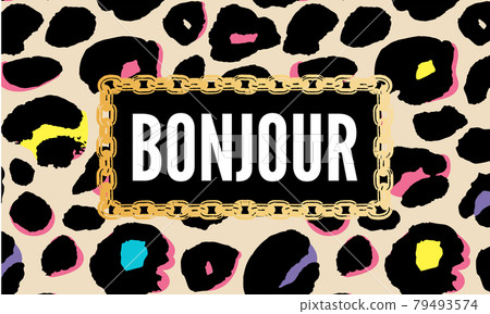 Decorative BONJOUR HELLO slogan Text with Leopard Skin Background 79493574
