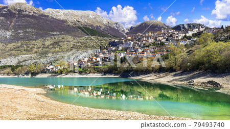 Barrea village near beautiful lake. Abruzzo region. Italy Barrea village near beautiful lake. Abruzzo region. Italy 79493740