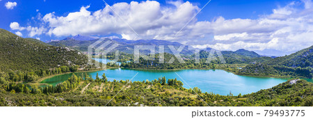 Nature scenery, beautiful landscape of turquoise Bacina lake in Croatia. Dalmatia region 79493775