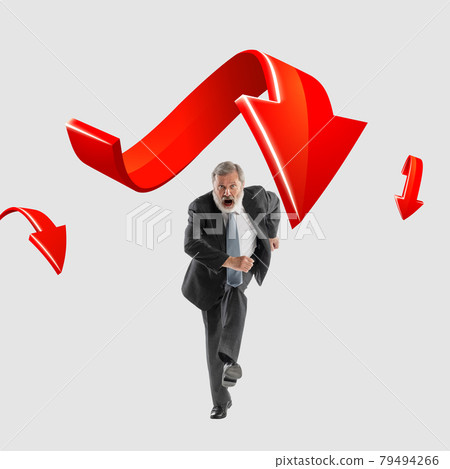 Modern art collage. Running business man and arrows. Copyspace for advertisement. Modern art collage. Running business man and arrows. Copyspace for advertisement. 79494266