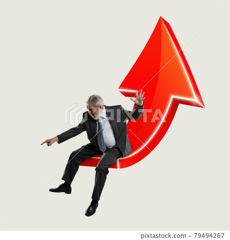 Creative collage. Businessman on red arrow. Concept of business, success, development. Creative collage. Businessman on red arrow. Concept of business, success, development. 79494267
