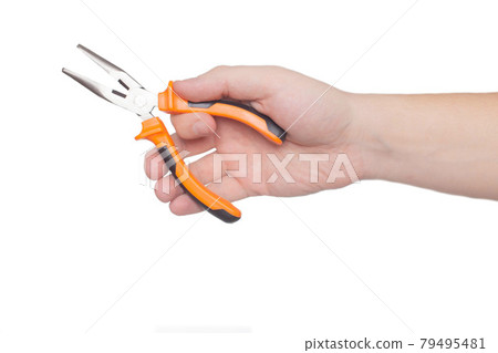 Man holding pliers in hand on white background, close-up. Equipment Man holding pliers in hand on white background, close-up. Equipment 79495481