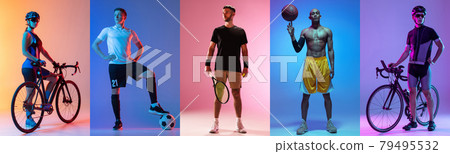 Collage of different professional sportsmen, fit people isolated on color background in neon light. Colored filters. Flyer. 79495532