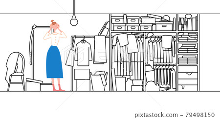 A woman suffering from an untidy walk-in closet 79498150