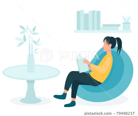 Girl with a book sits on a beanbag chair,... - Stock Illustration ...