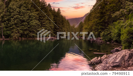 Panoramic View of the river in the Canadian Mountain Landscape 79498911