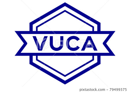 Vintage hexagon label banner with word VUCA (abbreviation of Volatility, uncertainty, complexity and ambiguity) in blue color on white background 79499375