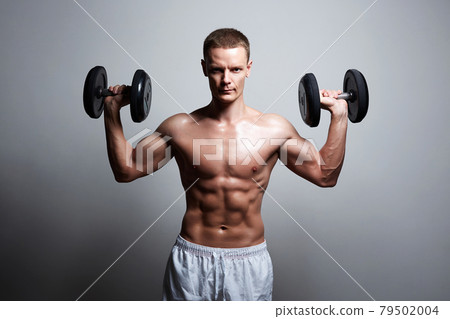 barbell bodybuilder. Naked body muscular Man barbell bodybuilder. Naked body muscular Man 79502004