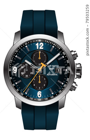 Realistic clock watch blue grey face yellow arrow white number on metal and rubber strap design modern luxury for men vector illustration. 79503259