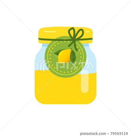 Label with Lemon on a jar of confiture. closeup Glass jar with Lemon jam. 79503519