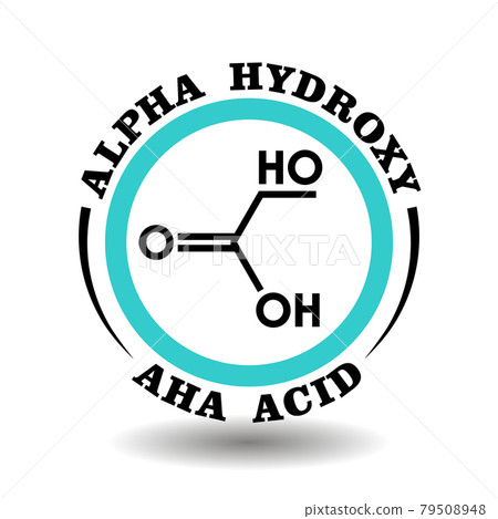 Circle vector icon Alpha Hydroxy Acid with chemical formula of AHA symbol for packaging signs of exfoliant scrub cosmetics, tags of skin peelable products with natural organic fruit acids ingredient 79508948
