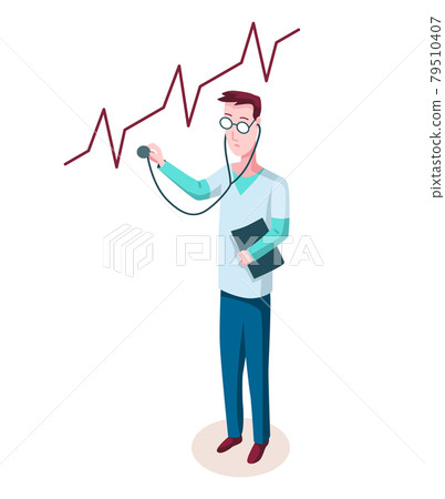 Medicine researcher isometric. Doctor considers the results of research. Isometric vector illustration kit with people character 79510407