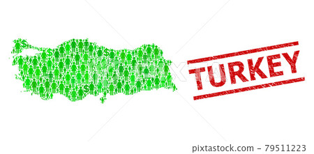 Scratched Turkey Stamp Seal and Green Men and Dollar Mosaic Map of Turkey 79511223