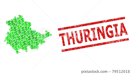 Grunge Thuringia Stamp Print and Green Customers and Dollar Mosaic Map of Thuringia State 79512018