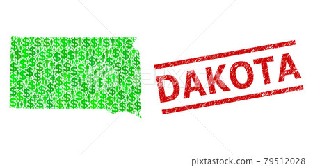 Textured Dakota Stamp Print and Green Customers and Dollar Mosaic Map of South Dakota State 79512028