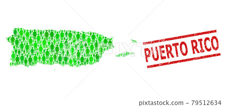 Distress Puerto Rico Stamp Imitation and Green People and Dollar Mosaic Map of Puerto Rico 79512634