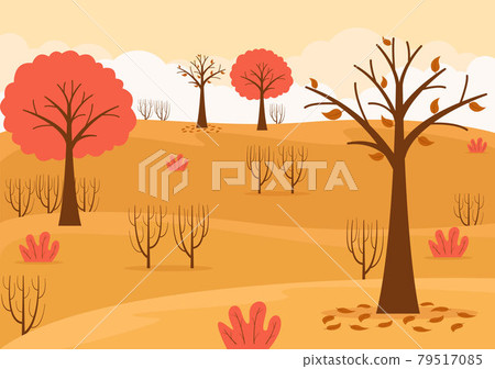 Autumn Background Landing Page Illustration Falling Leaves and Leaf Flying on the Grass. Landscape Trees With Yellow Foliage In Fall Season 79517085