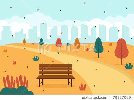 Autumn Background Landing Page Illustration Falling Leaves and Leaf Flying on the Grass. Landscape Trees With Yellow Foliage In Fall Season 79517099
