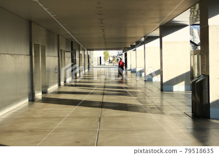 A woman in red work clothes pushing a luggage trolley in the corridor of light and shadow A woman in red work clothes pushing a luggage trolley in the corridor of light and shadow 79518635