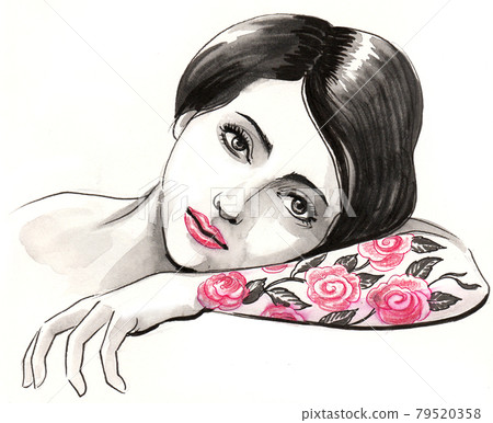 Pretty woman with a tattoo. Ink and watercolor drawing 79520358