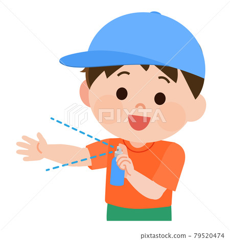 Illustration of a boy who puts a spray on his arm Illustration of a boy who puts a spray on his arm 79520474
