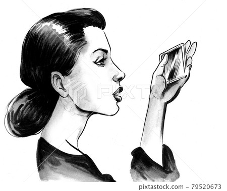 Pretty woman taking picture with a telephone. Ink black and white drawing Pretty woman taking picture with a telephone. Ink black and white drawing 79520673